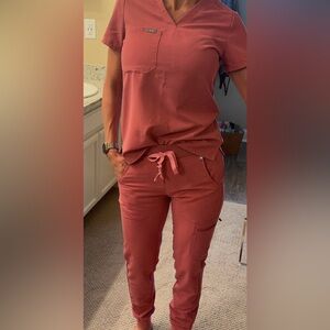 Women's Figs XS scrubs. Mauve.  Breast Cancer addition.